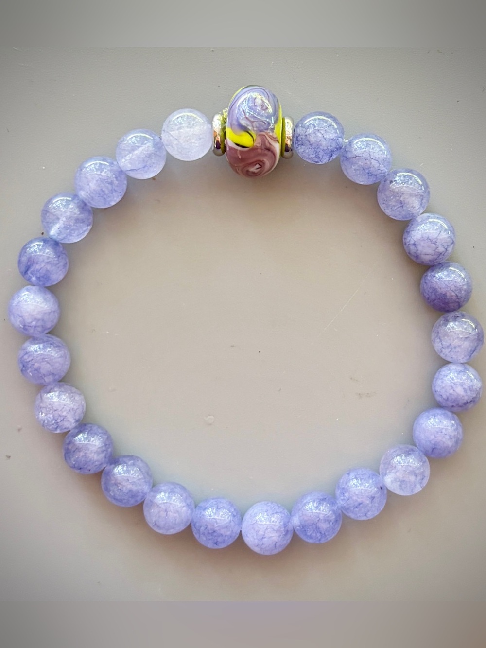 Light Purple Chalcedony and Blue Lampwork Bead Handcrafted Bead Bracelet